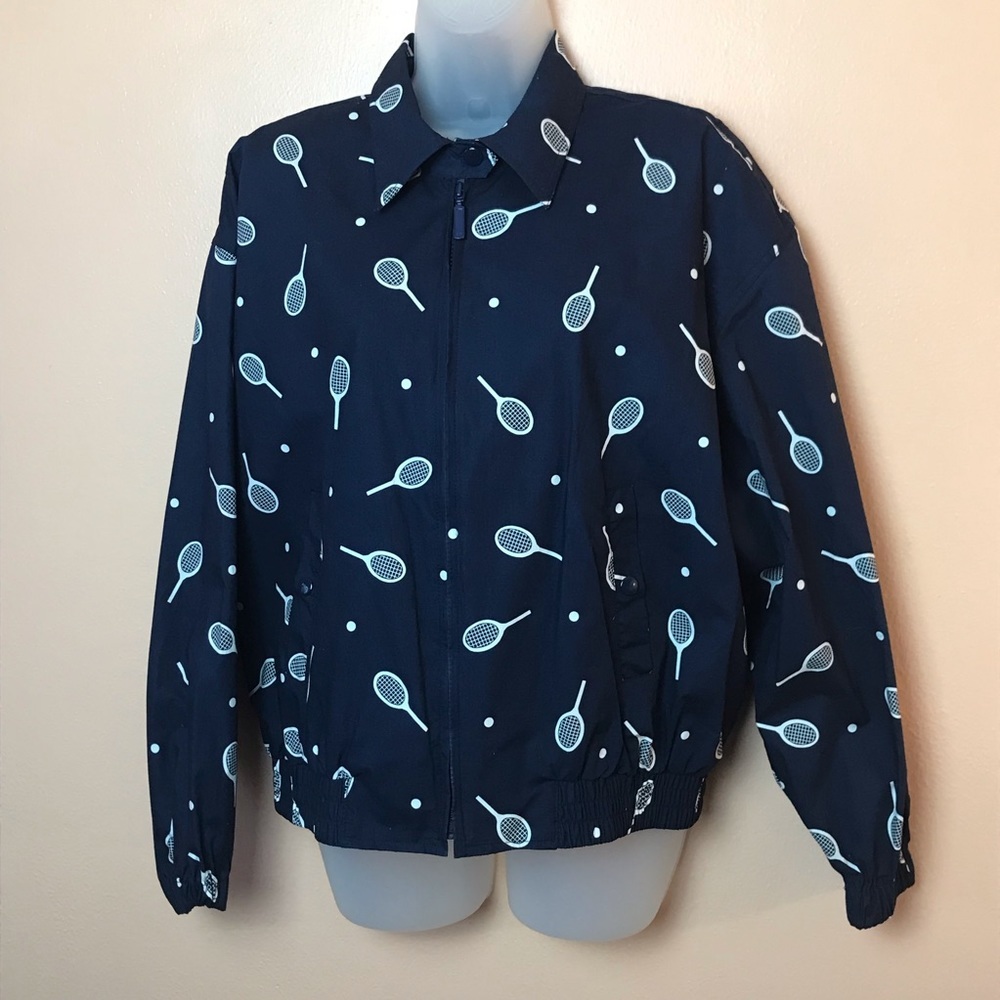Lizsport Blue White Tennis Racket Print Vented Nylon Jacket Women M Vintage